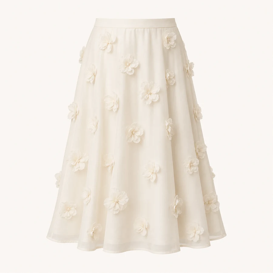 Fleur Appliqué Midi Skirt in Ivory